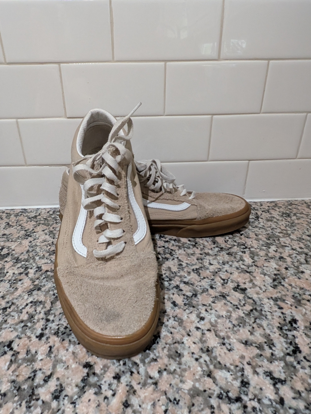 Vans Men's Suede Old Skool Sneakers in Beige with White Stripe